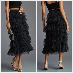 NWT Anthropologie Black Ruffled Tiered Tulle Lace Tiered Midi Skirt Mesh Sz S